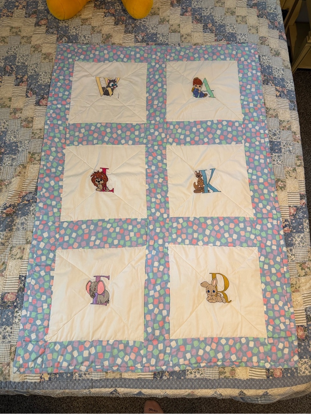 Vintage Crib Quilt Coverlet Animal Alphabet Patchwork, Multicolor Blue White